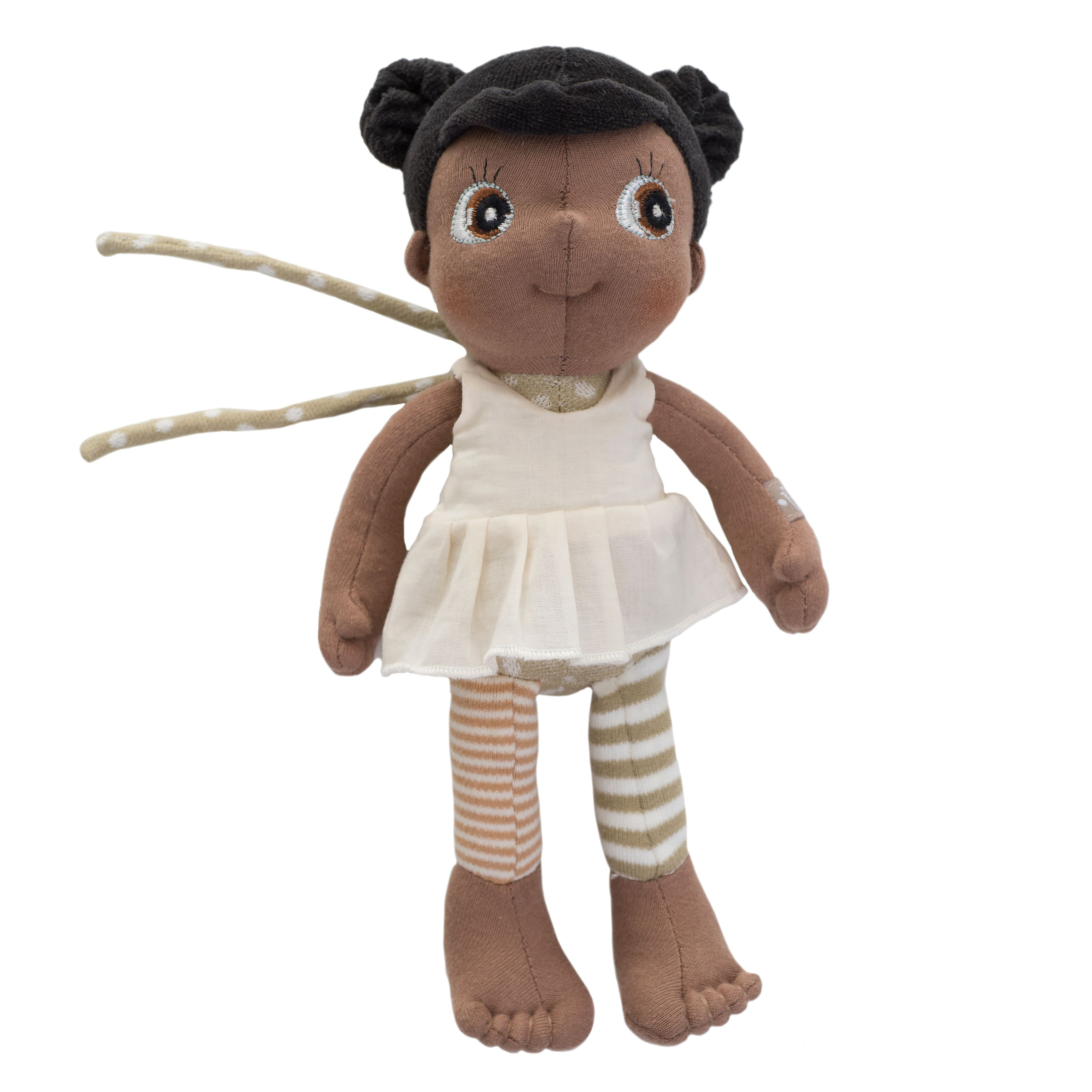 Rubens EcoBuds Mini-Puppe Flora mit dunklen Dutts, weißem Kleidchen und gestreiften Leggings