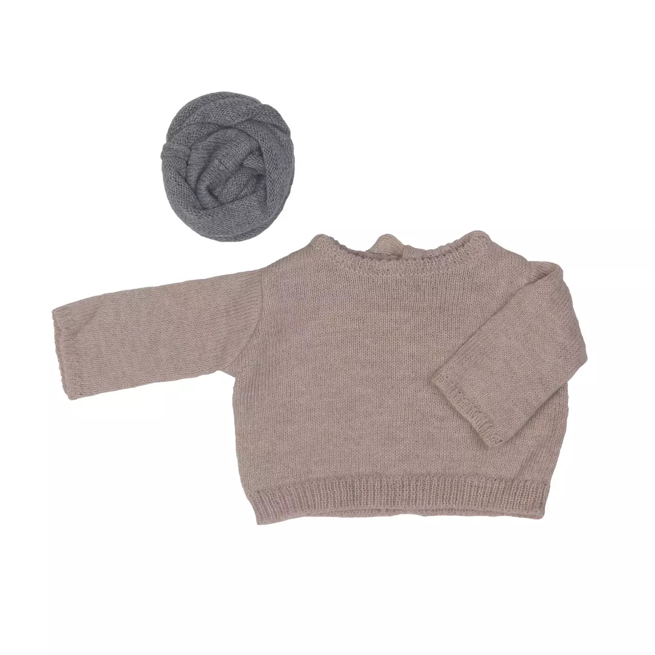 Wechselkleidung Winter für Rubens EcoBuds: beiger Strickpullover mit grauem Schal