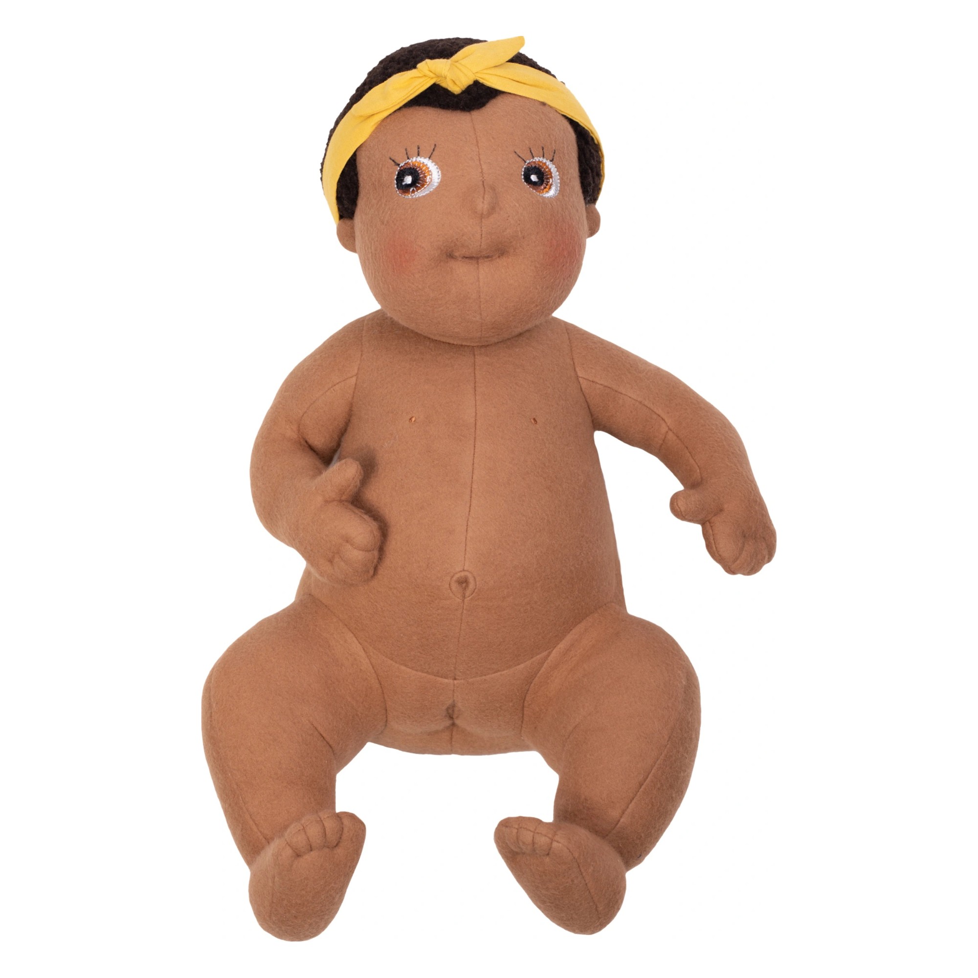 Rubens Barn baby doll Flo undressed with yellow headband, sitting