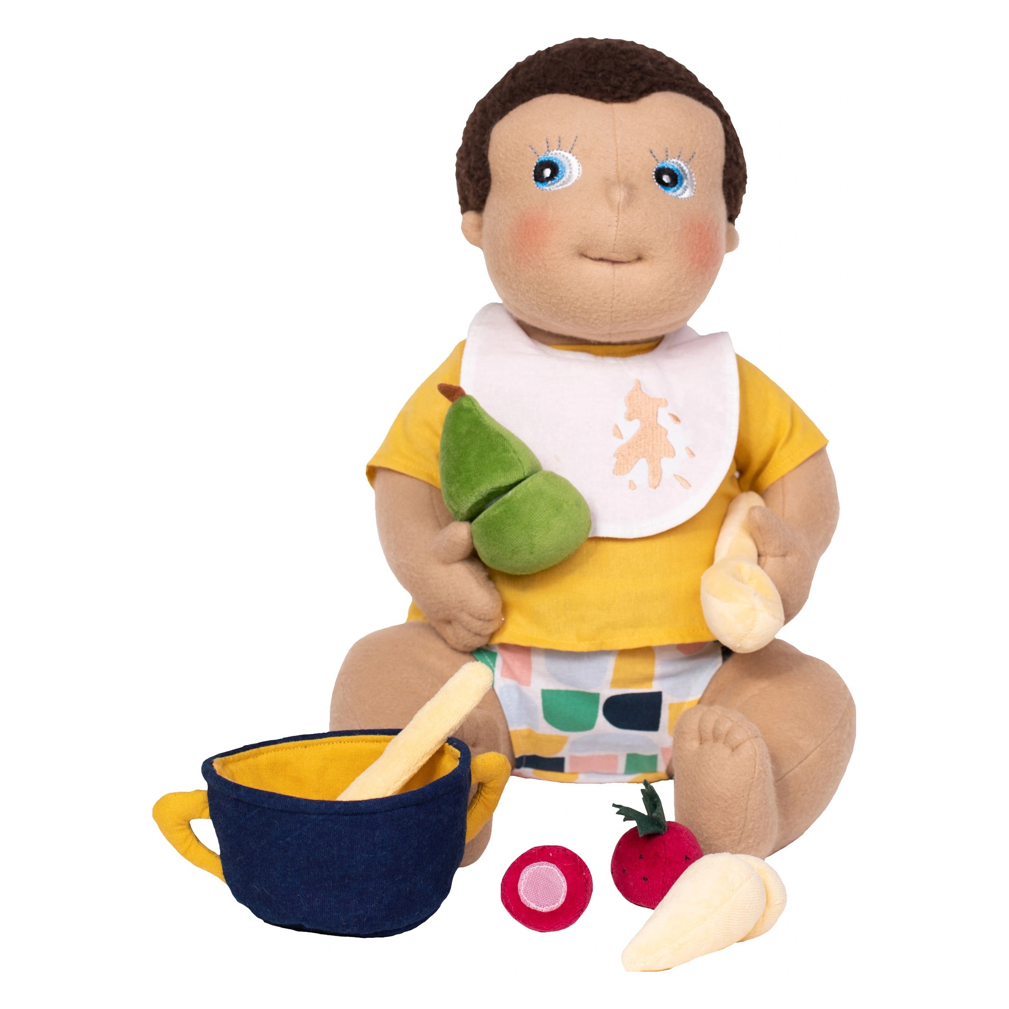 Rubens Barn baby doll with the complete feeding set: pot, spoon and plush fruit