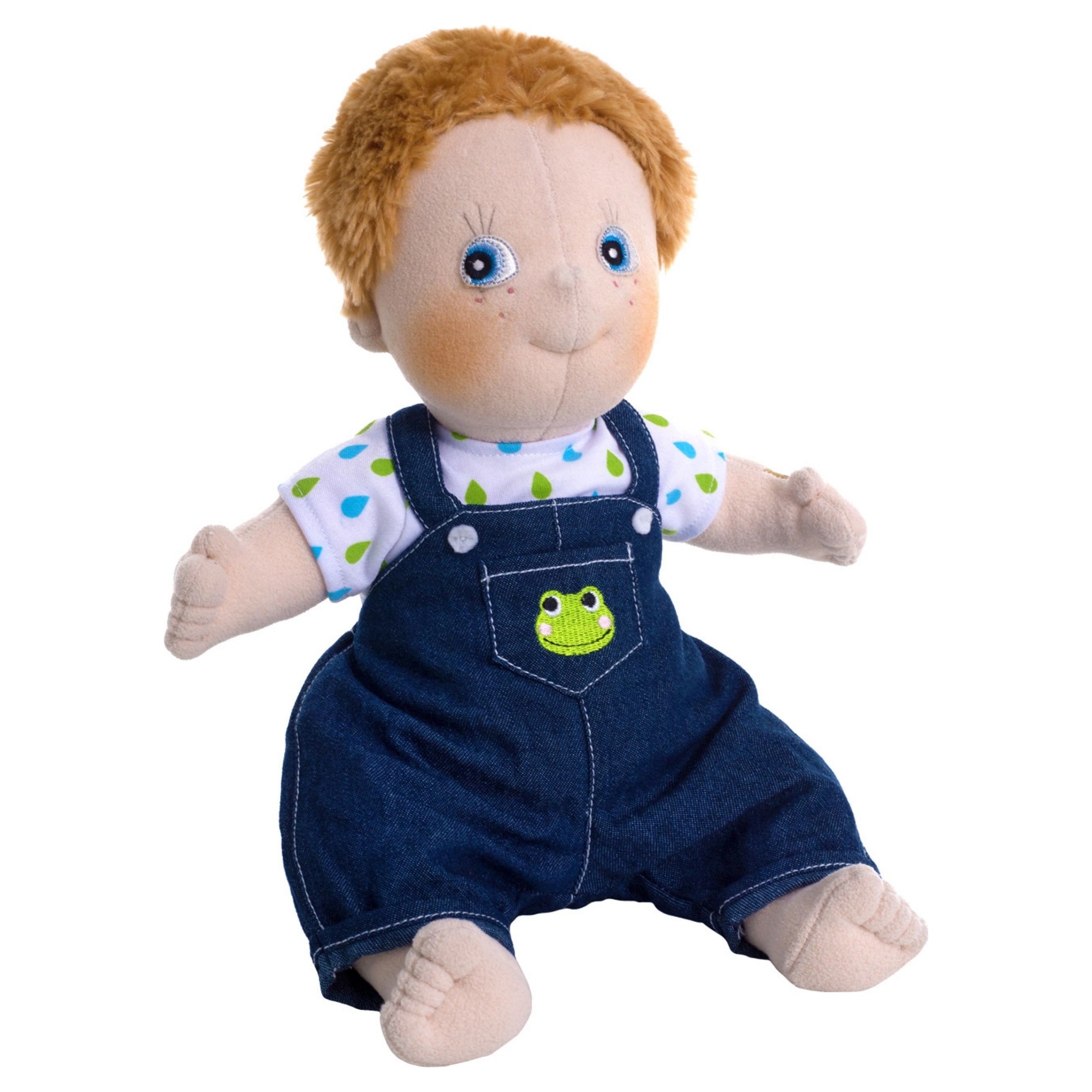 Rubens Kids Puppe Jonathan mit Jeans-Latzhose mit Frosch-Applikation und getupftem Shirt