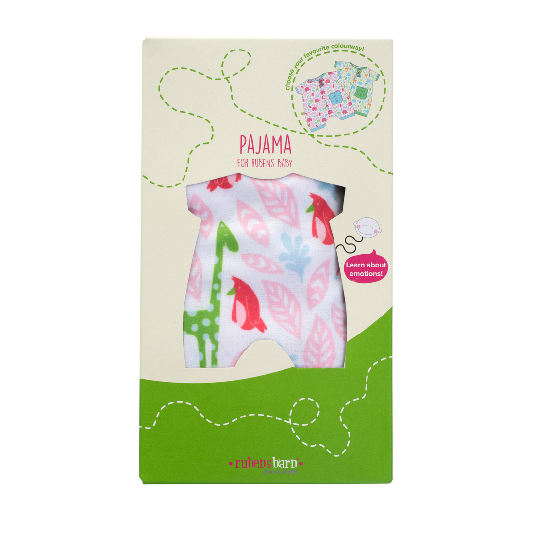 Verpackung des Pocket-Friends-Schlafanzugs in Pink von Rubens Barn mit Sichtfenster