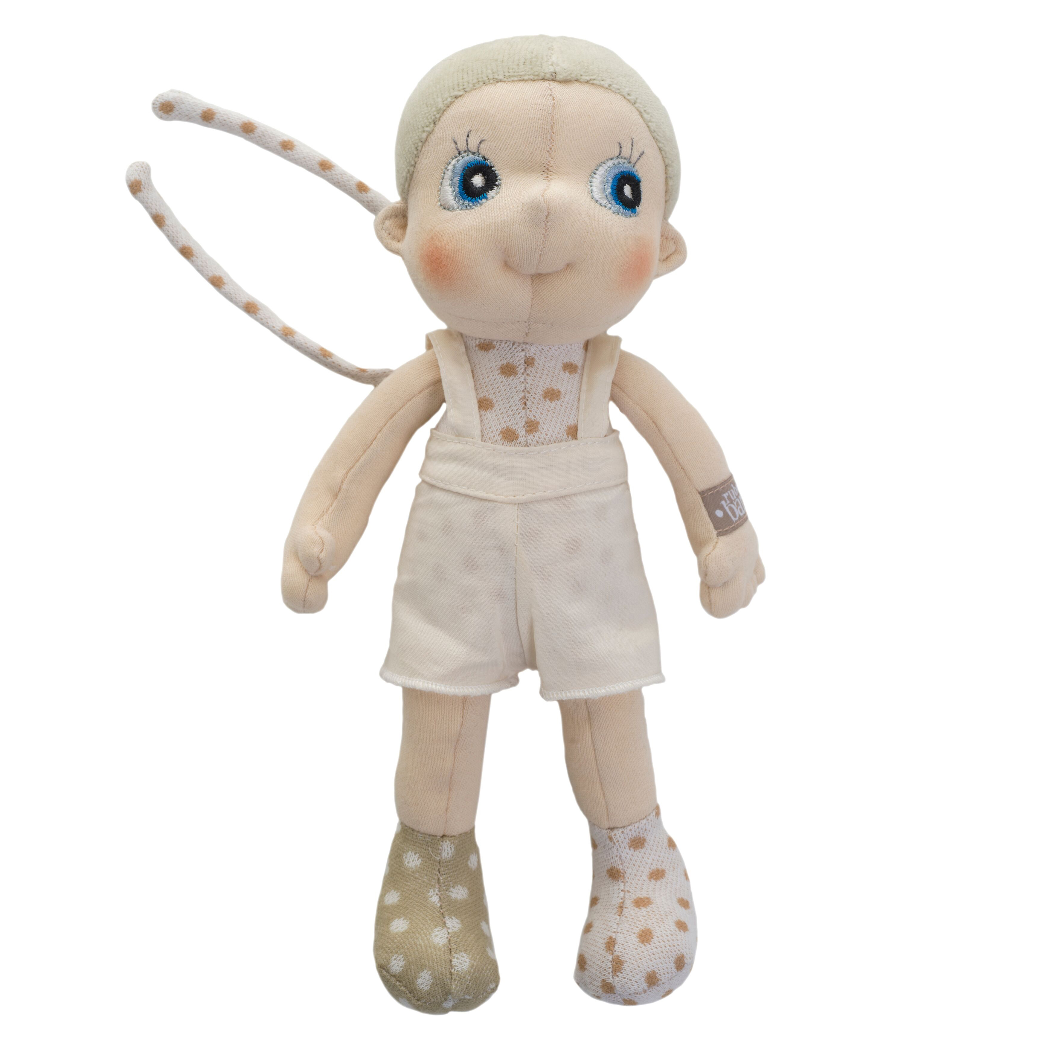 Rubens EcoBuds Mini-Puppe Elm mit hellem Haar, weißen Latz-Shorts und gepunkteten Schühchen