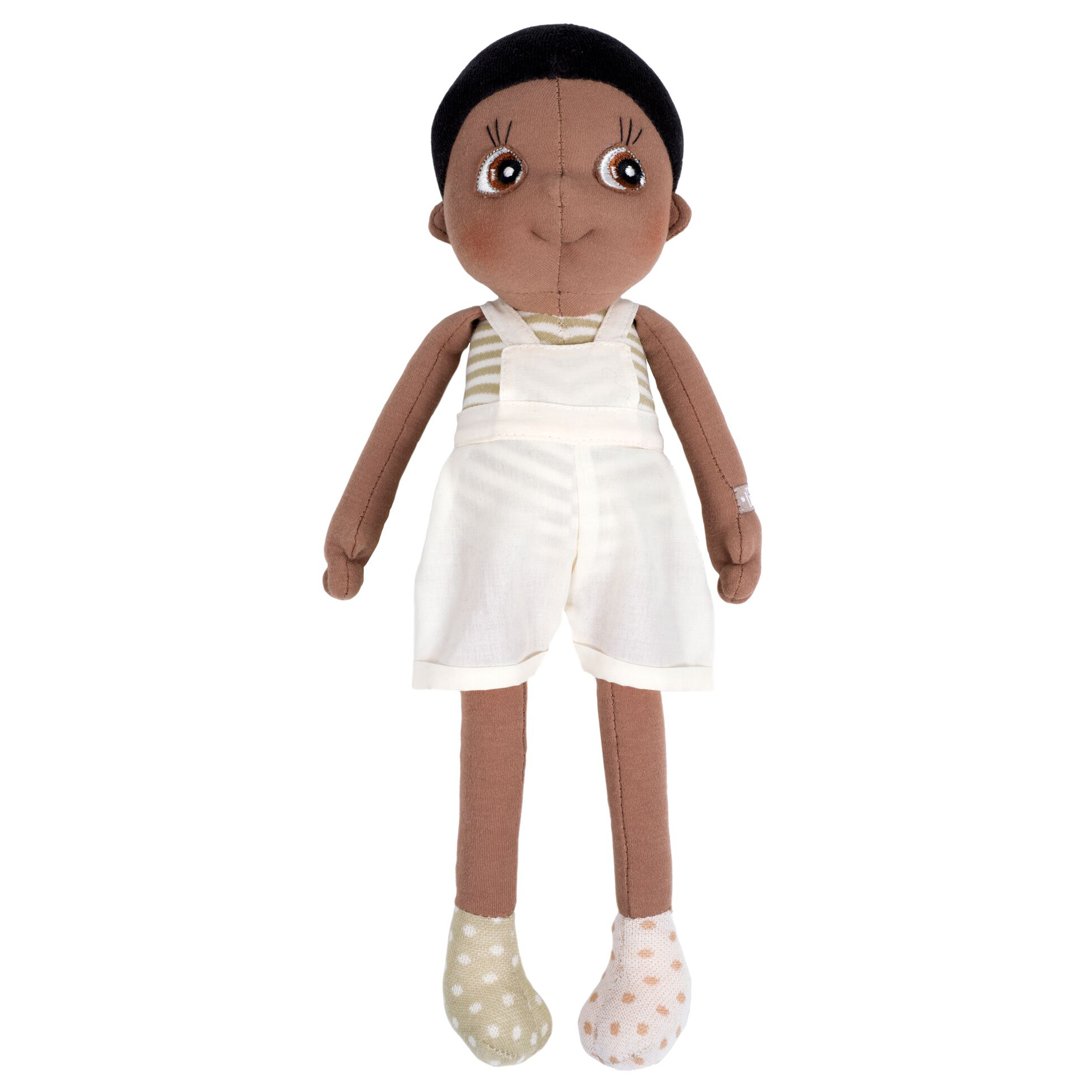 Rubens EcoBuds Puppe Fern mit schwarzem Haar, gestreiftem Top und weißen Latz-Shorts