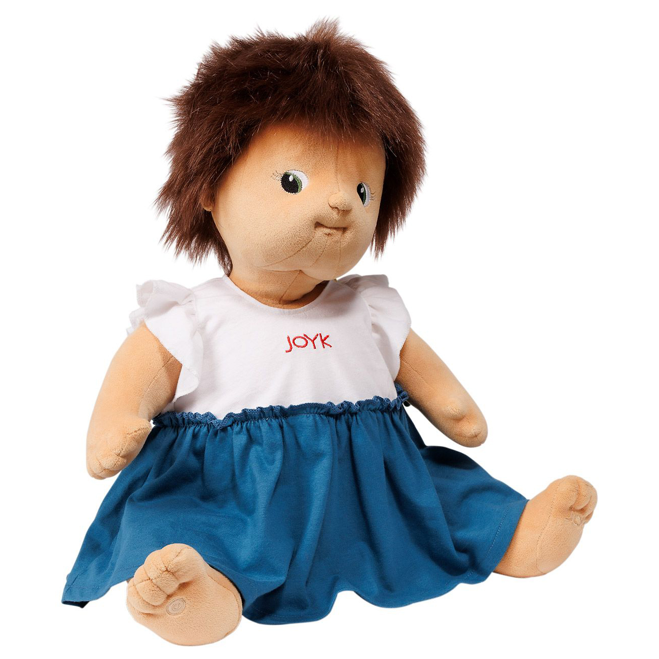 Joyk Empathiepuppe Mandy sitzend in weißem Rüschen-Shirt und blauem Rock