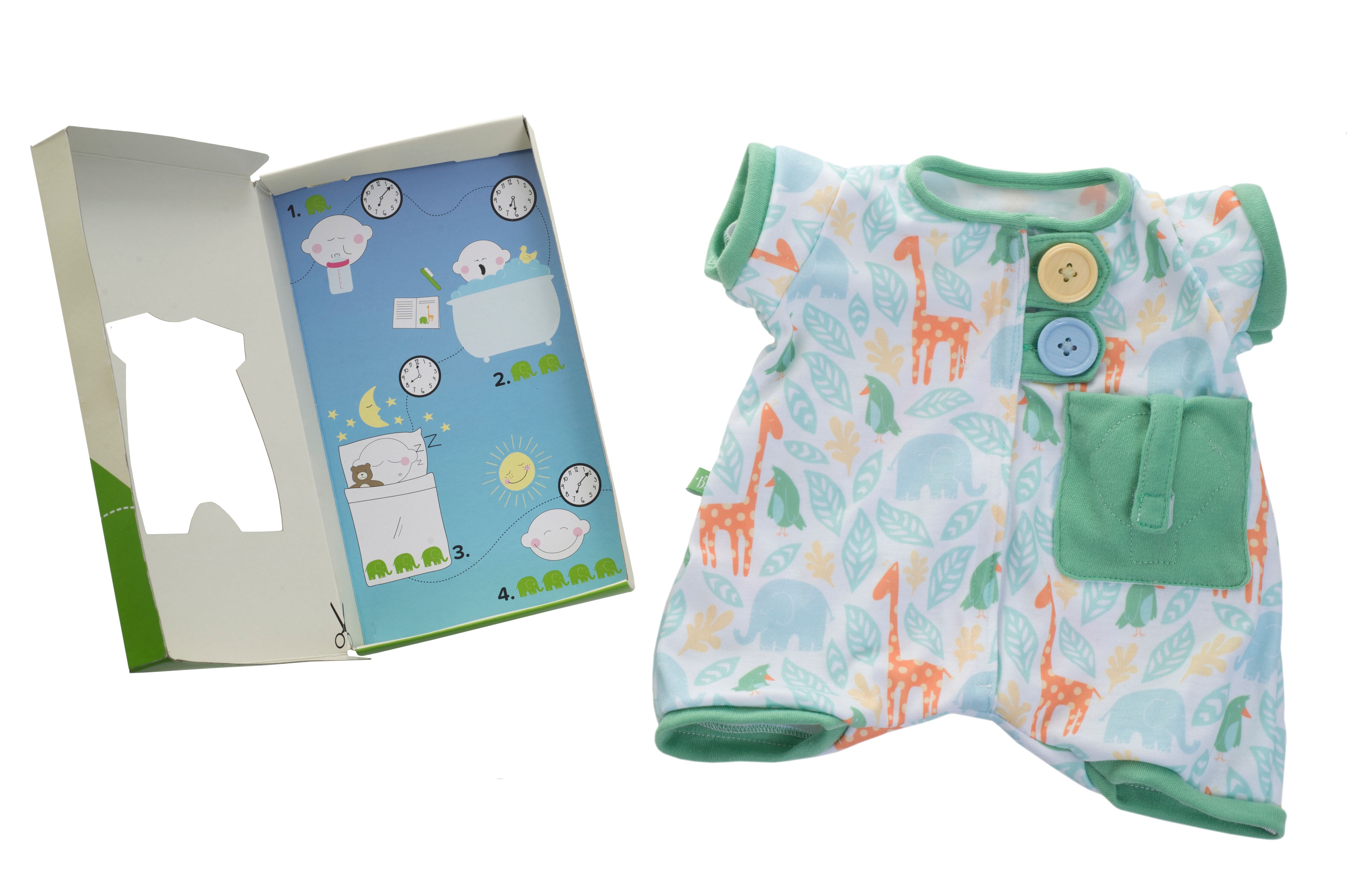 Pocket Friends pyjamas in green by Rubens Barn next to the gift packaging