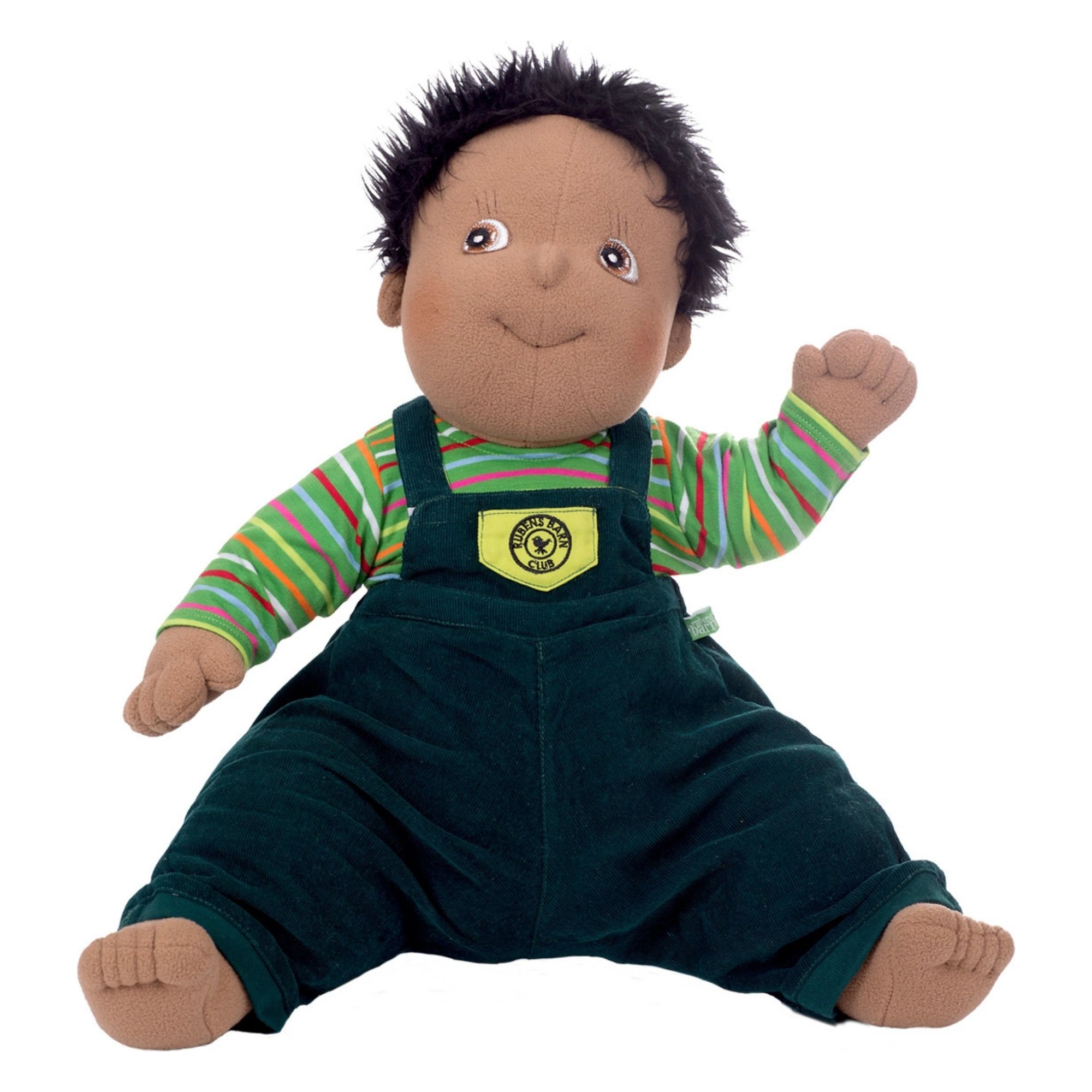 Rubens Barn Original-Puppe Harry mit dunklem Haar, Streifenshirt und dunkelgrüner Latzhose, sitzend