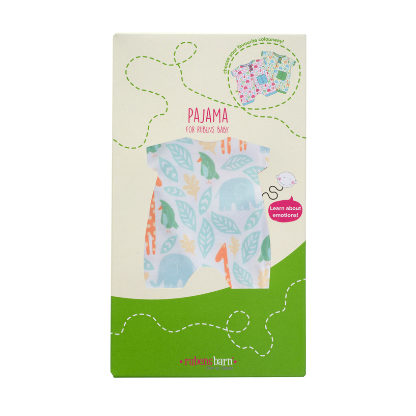Packaging of the Pocket Friends pyjamas in green by Rubens Barn with viewing window