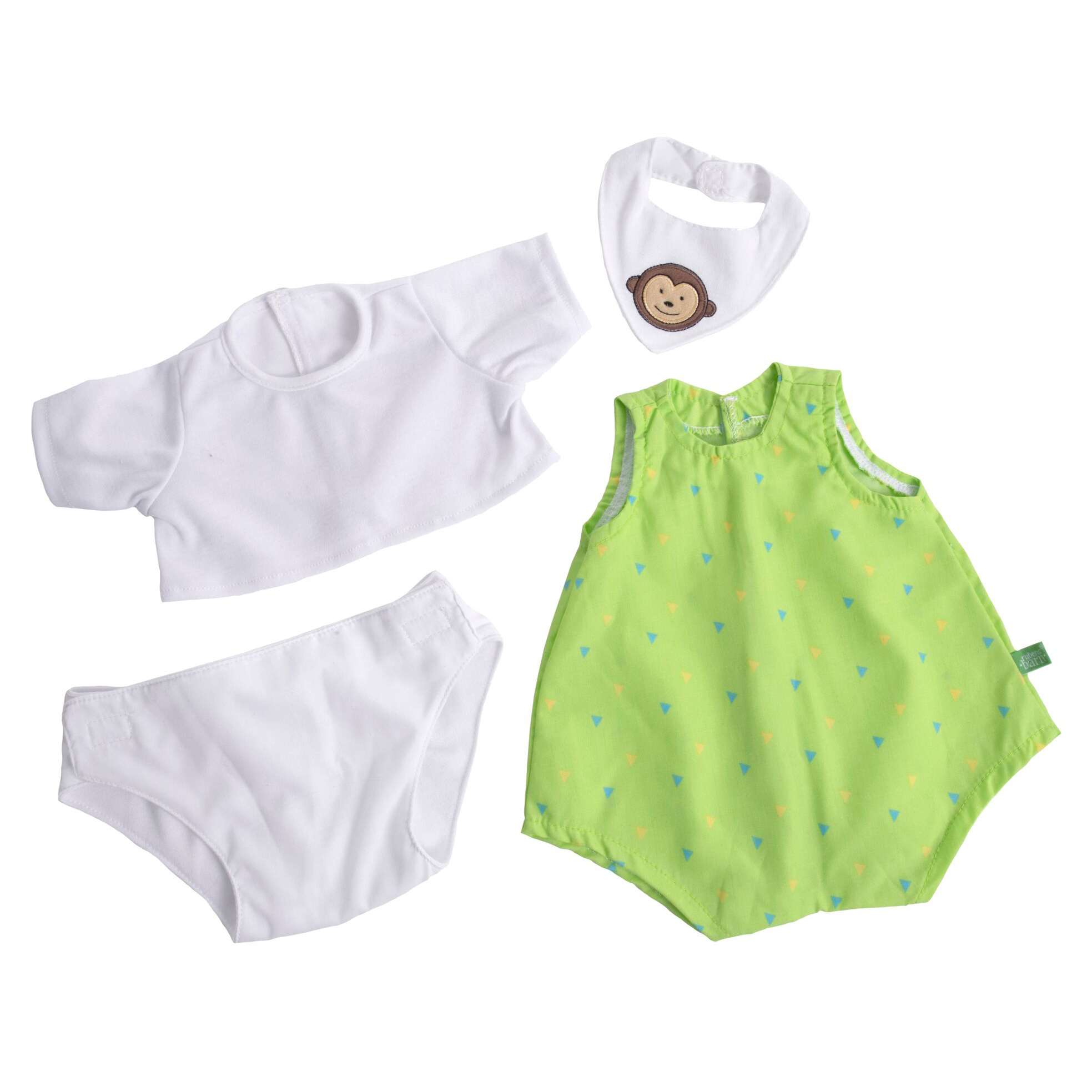 Clothing of the Rubens Barn baby doll Max: white shirt, nappy pants, green romper and monkey bib