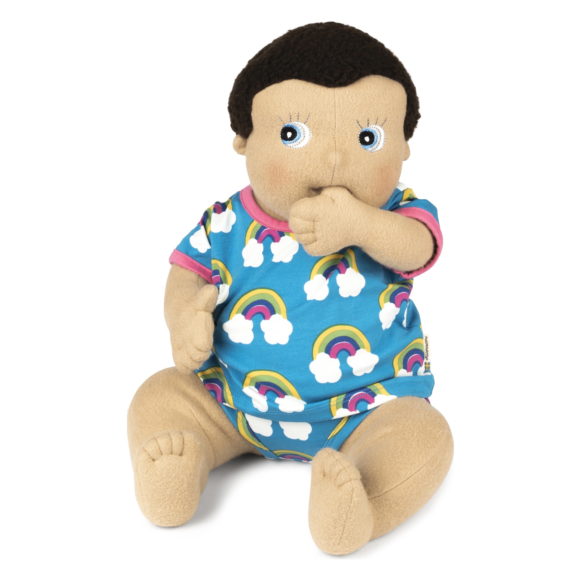 Rubens Barn Baby-Puppe Morra im Regenbogen-Outfit, Daumen am Mund