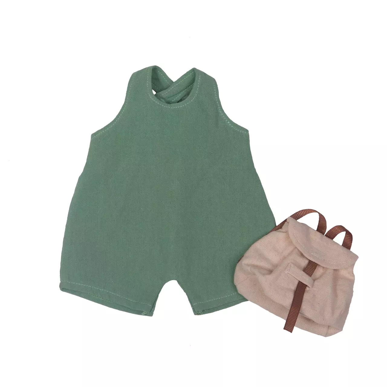 Wechselkleidung Frühling für Rubens EcoBuds: grüner Overall mit beigem Mini-Rucksack