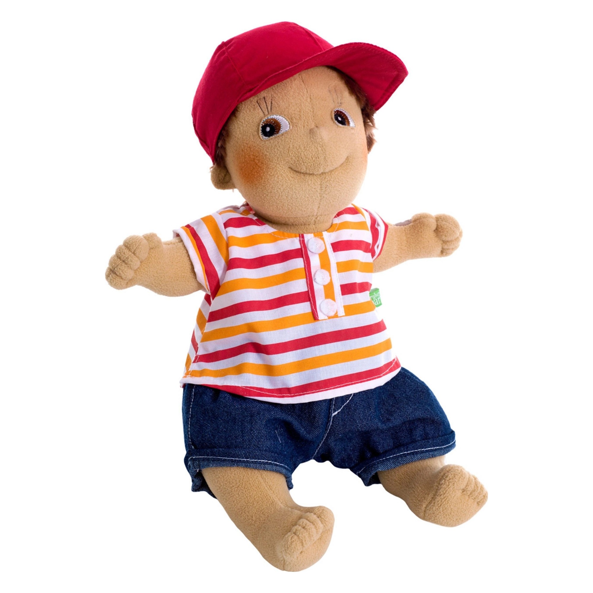Rubens Kids Puppe Tim mit roter Kappe, gestreiftem Shirt und Jeans-Shorts