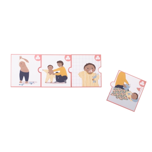 Picture cards of the Rubens Barn sleep set showing the bedtime routine as a puzzle sequence