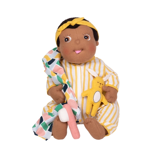 Rubens Barn baby doll in yellow pyjamas with cuddly bunny, blanket and toothbrush