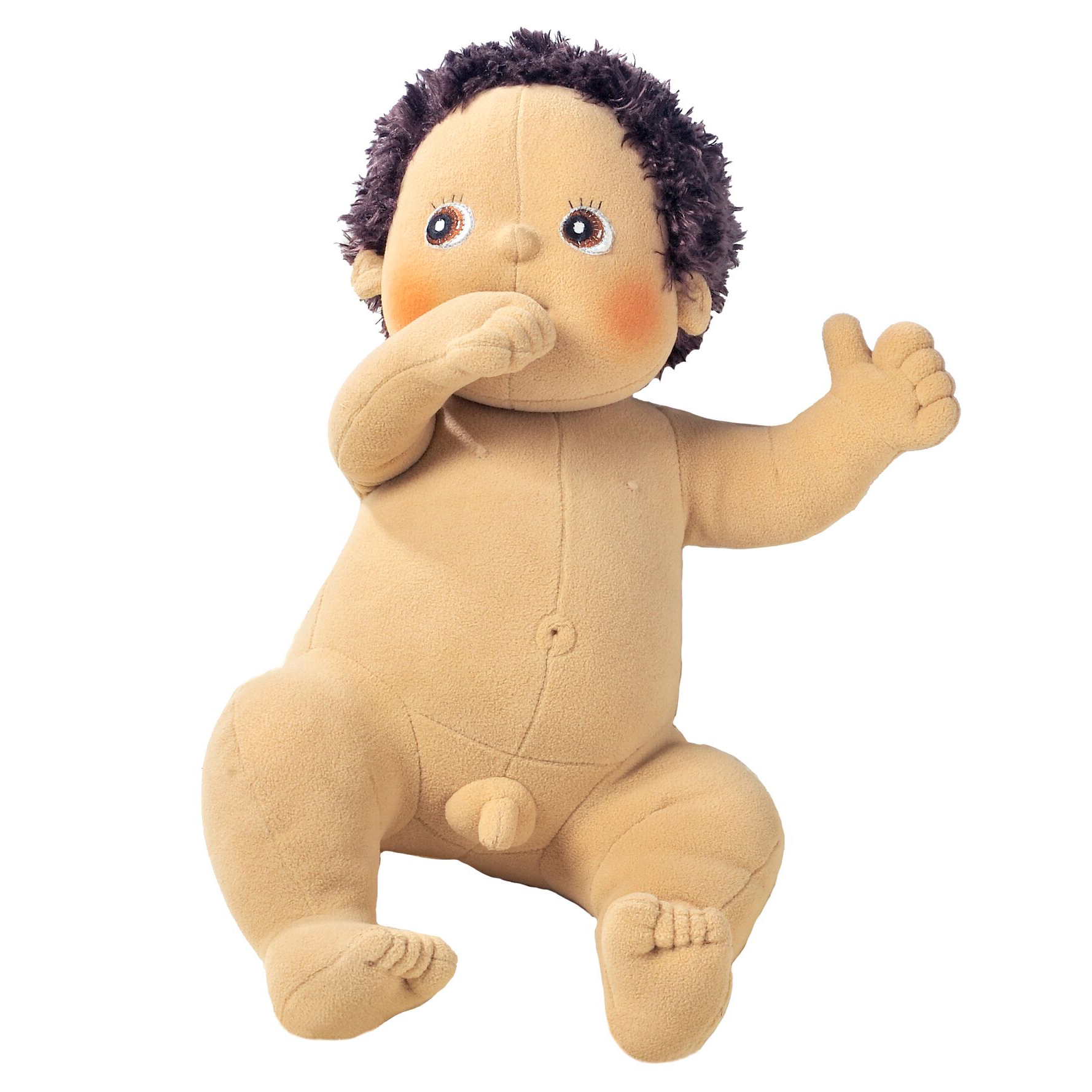 Rubens Barn baby doll Max undressed with dark curls, thumb at its mouth
