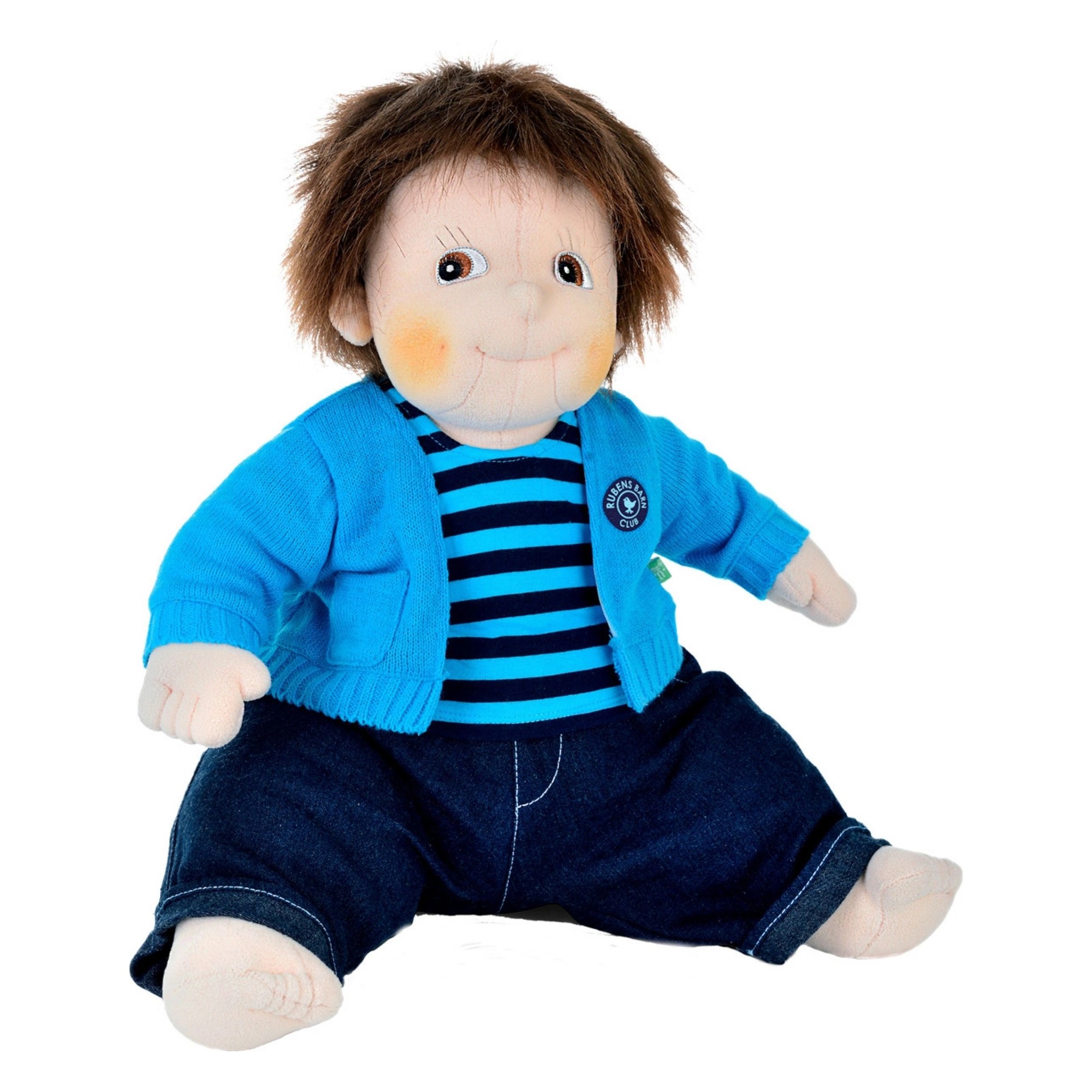 Rubens Barn Original-Puppe Emil mit blauer Strickjacke, Streifenshirt und Jeans, sitzend