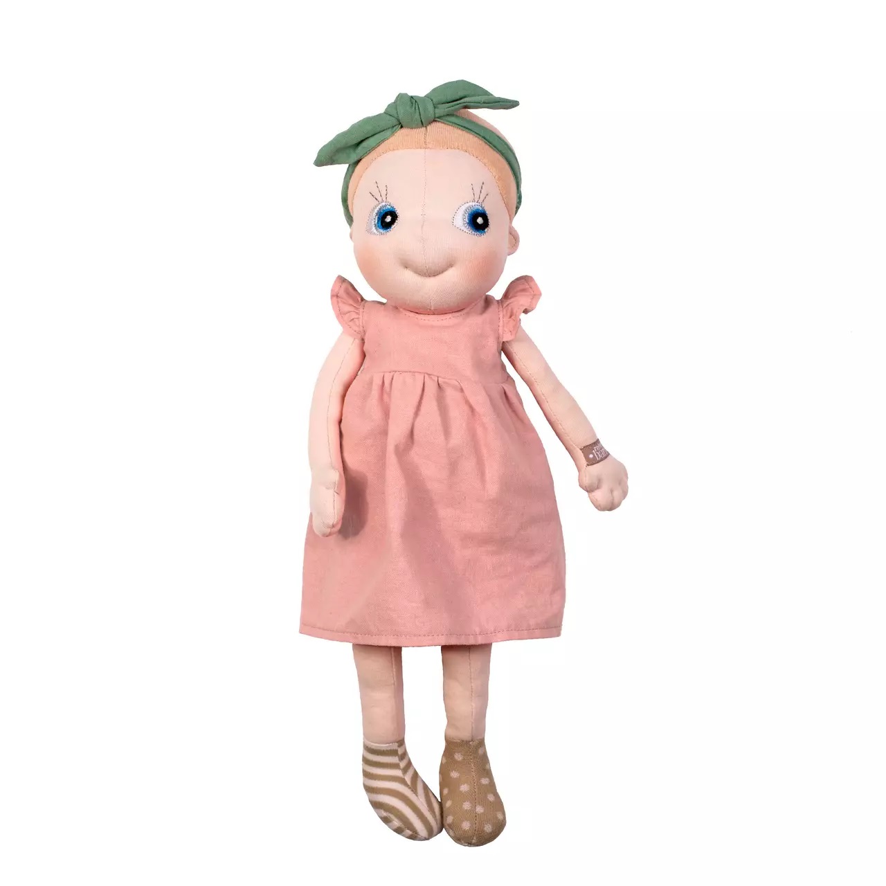 Rubens EcoBuds Puppe im rosa Sommerkleid mit grünem Haarband, stehend
