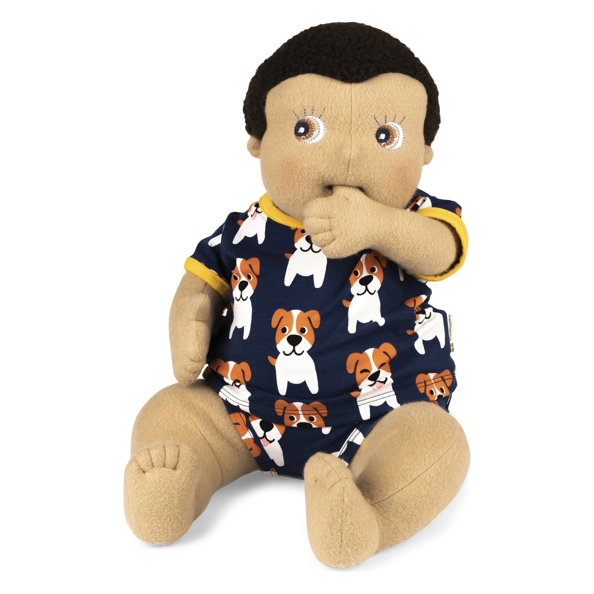 Rubens Barn baby doll Max in the Maxomorra dog outfit, thumb at its mouth