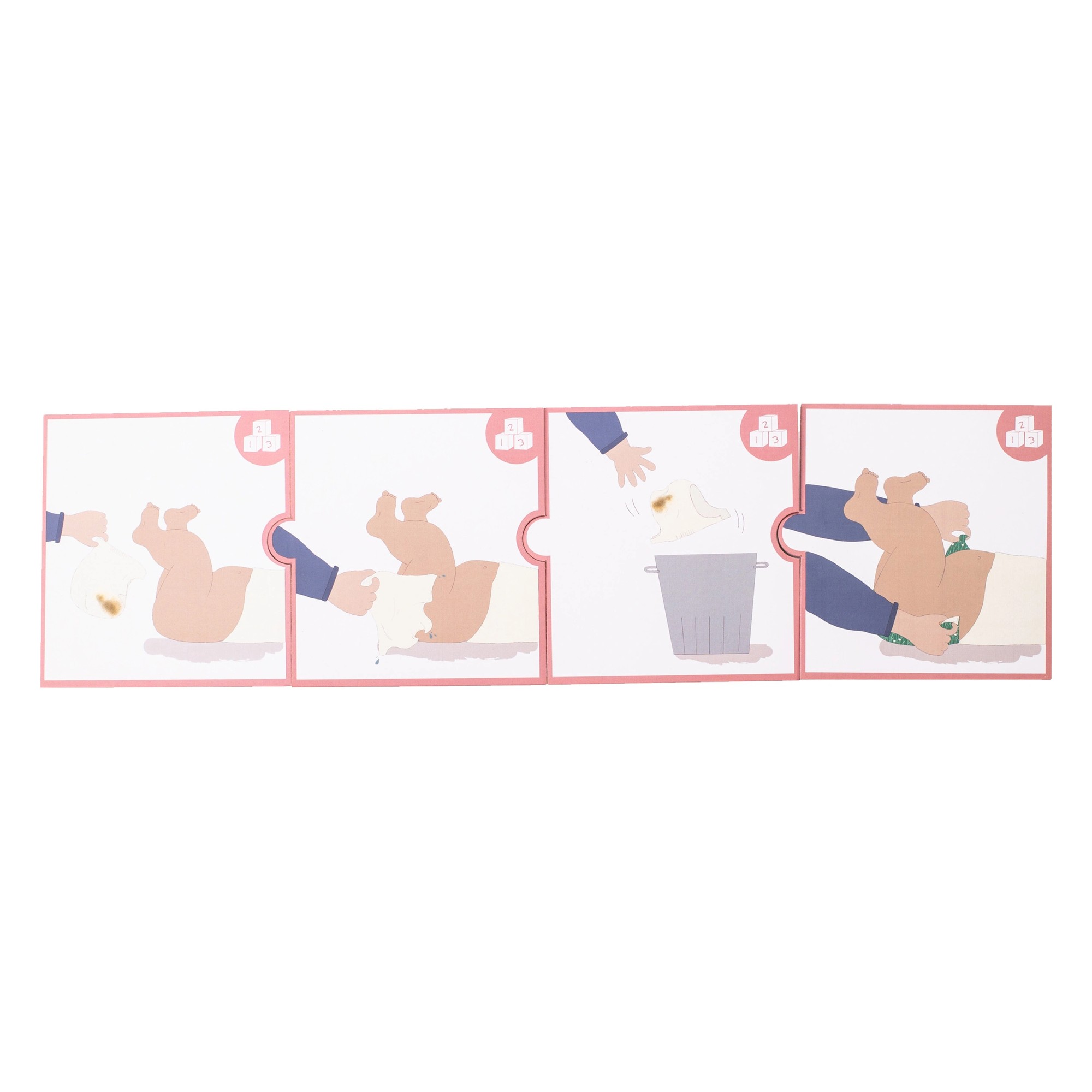 Picture cards of the Rubens Barn nappy set showing the changing steps as a puzzle