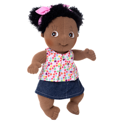 Rubens Cutie Puppe im bunten Sommer-Outfit mit Jeansrock und pinker Schleife