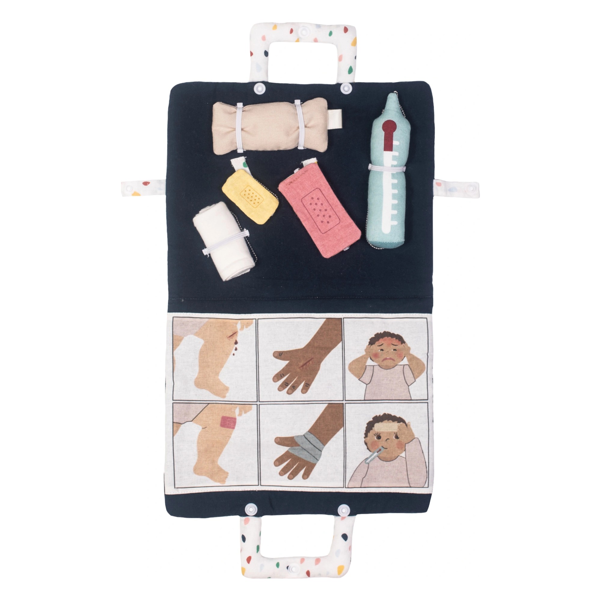 Erste-Hilfe-Set von Rubens Barn für Baby-Puppen: Stofftasche mit Verband, Pflastern, Thermometer und Bildtafeln