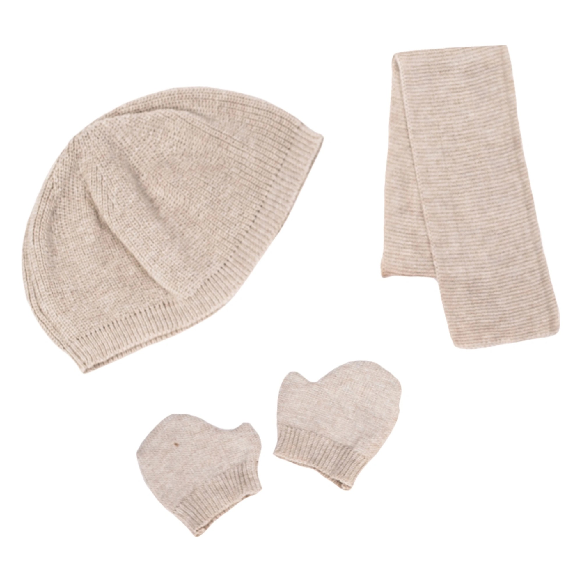 Outdoor-Zubehör von Rubens Barn: beige Strickmütze, Schal und Fäustlinge für Baby-Puppen