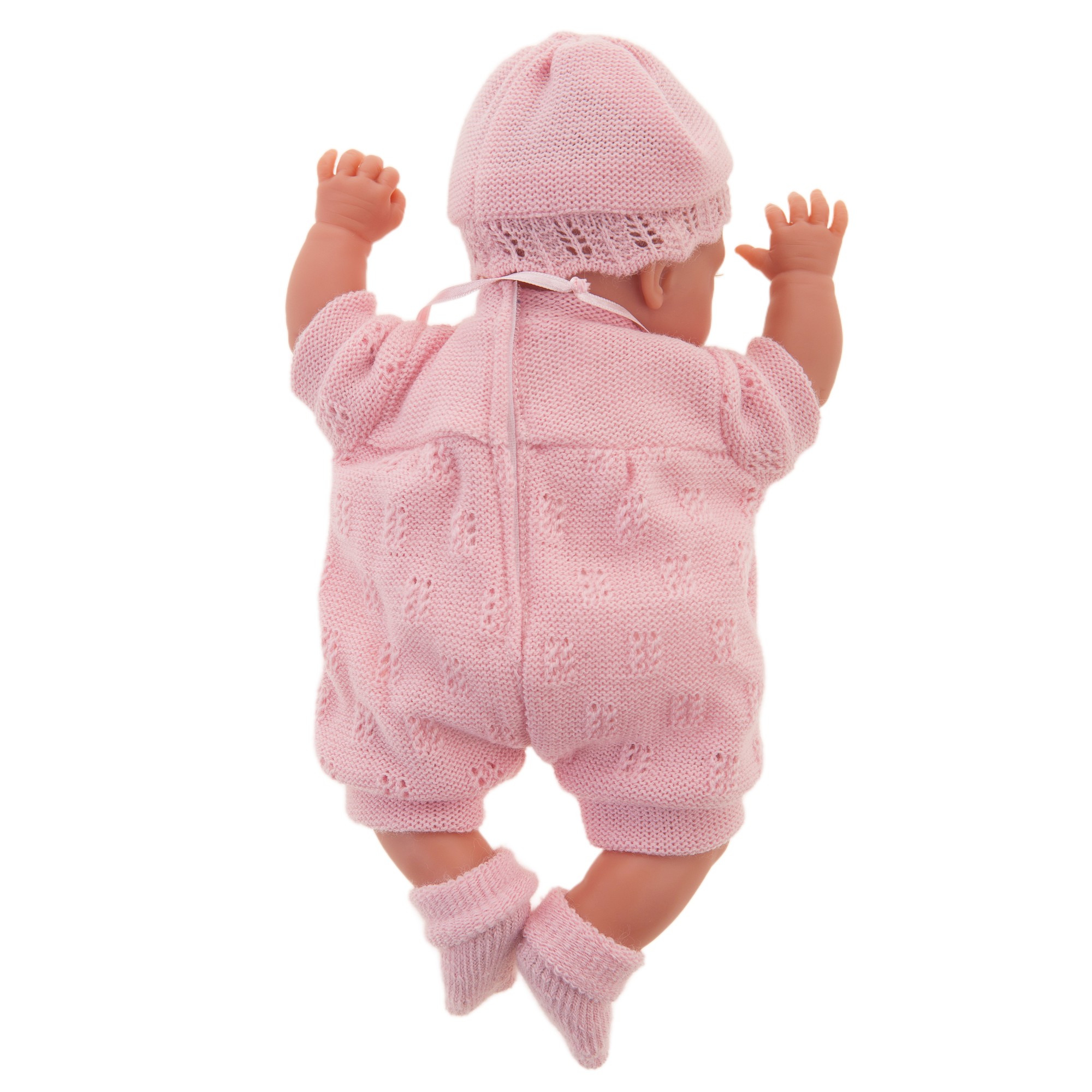 Antonio Juan baby doll Peke, realistic doll in a pink knit outfit seen from behind, both arms stretched upward