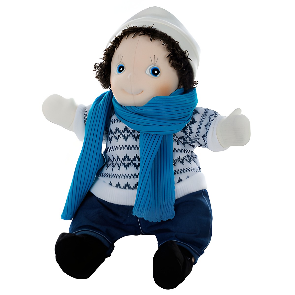 Rubens Puppe im Norweger-Pullover mit blauem Schal und weißen Fäustlingen aus dem Winter-Set