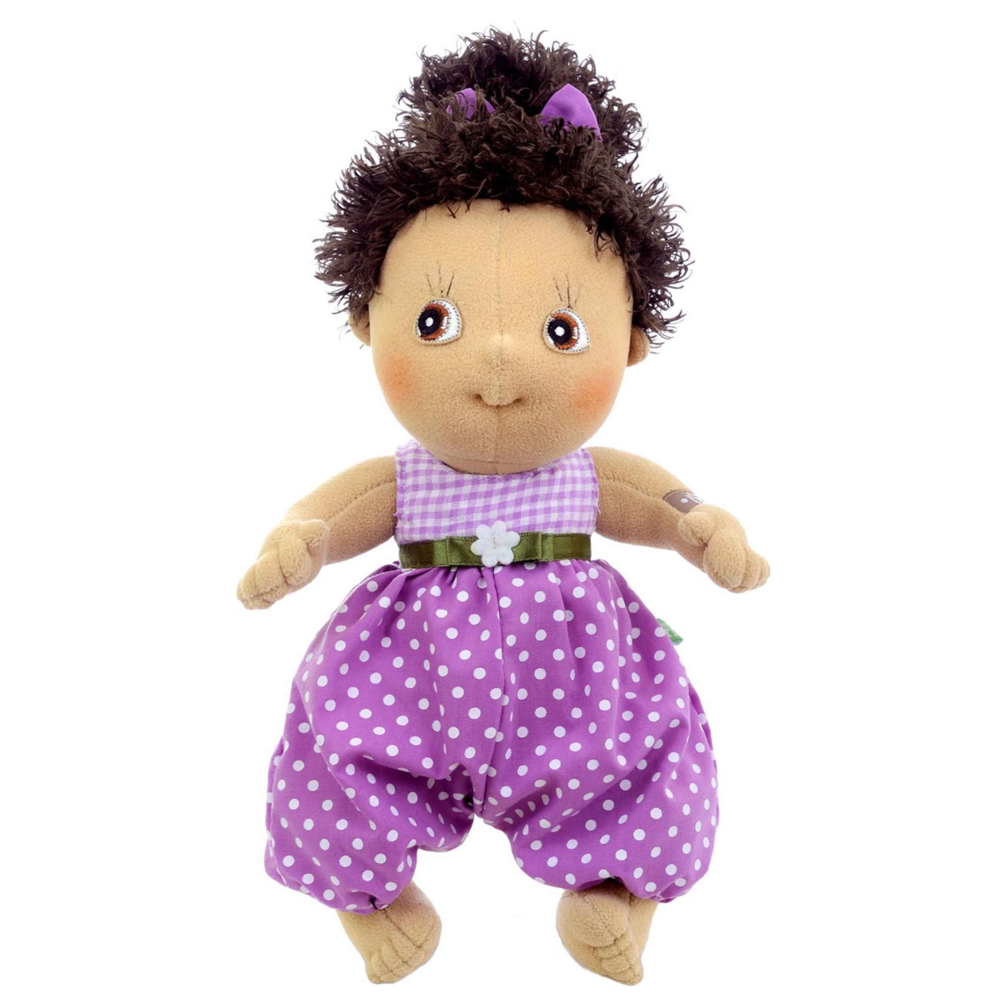 Rubens Cutie doll Hanna with dark curls and a purple dotted jumpsuit