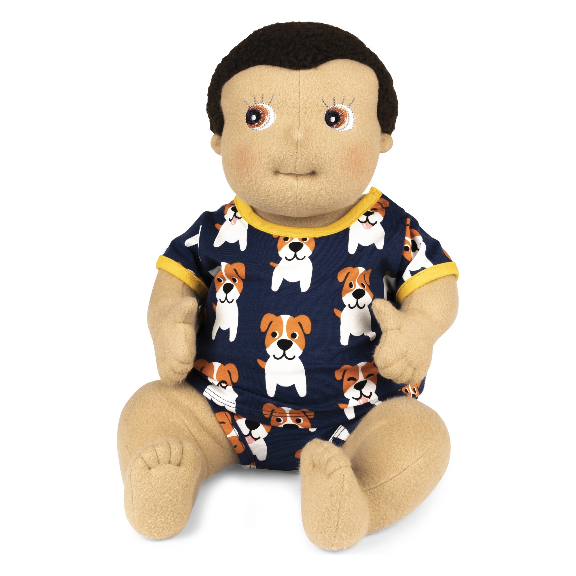 Rubens Barn baby doll Max in the Maxomorra outfit with dog pattern, sitting