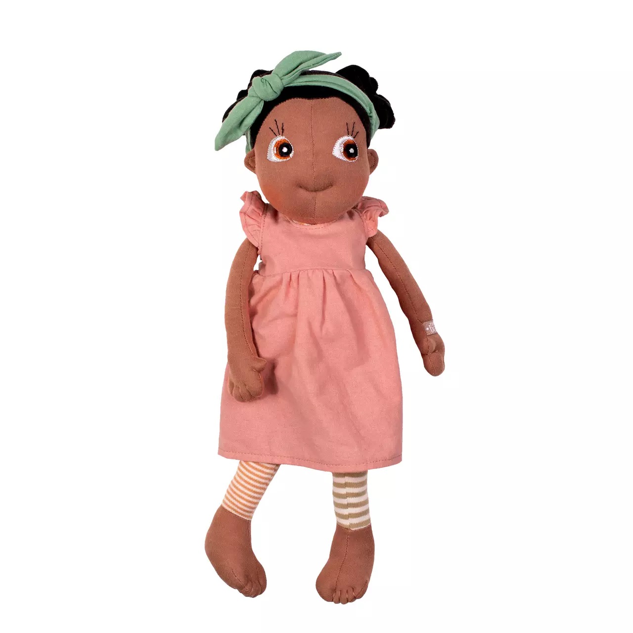 Rubens EcoBuds Puppe im rosa Rüschenkleid mit geringelten Leggings