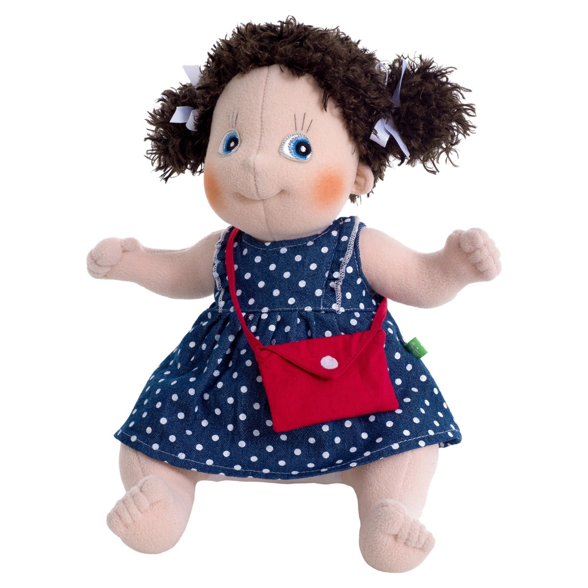 Rubens Kids Puppe Alma mit dunklen Zöpfchen, blauem Punktekleid und roter Umhängetasche
