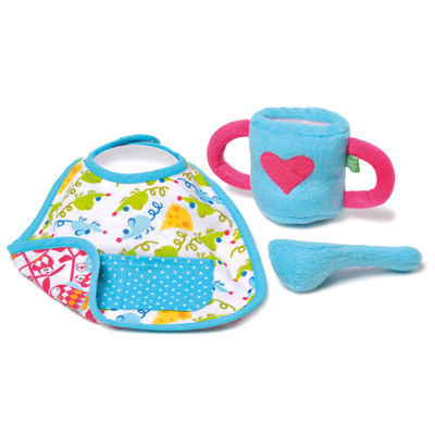 Feeding kit by Rubens Barn: plush cup with heart, spoon and colourful bib for Rubens Babies