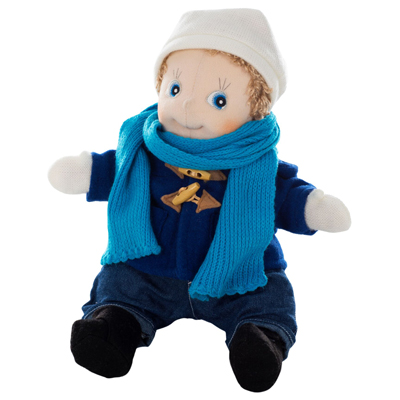 Rubens doll with white winter hat, blue knitted scarf and mittens