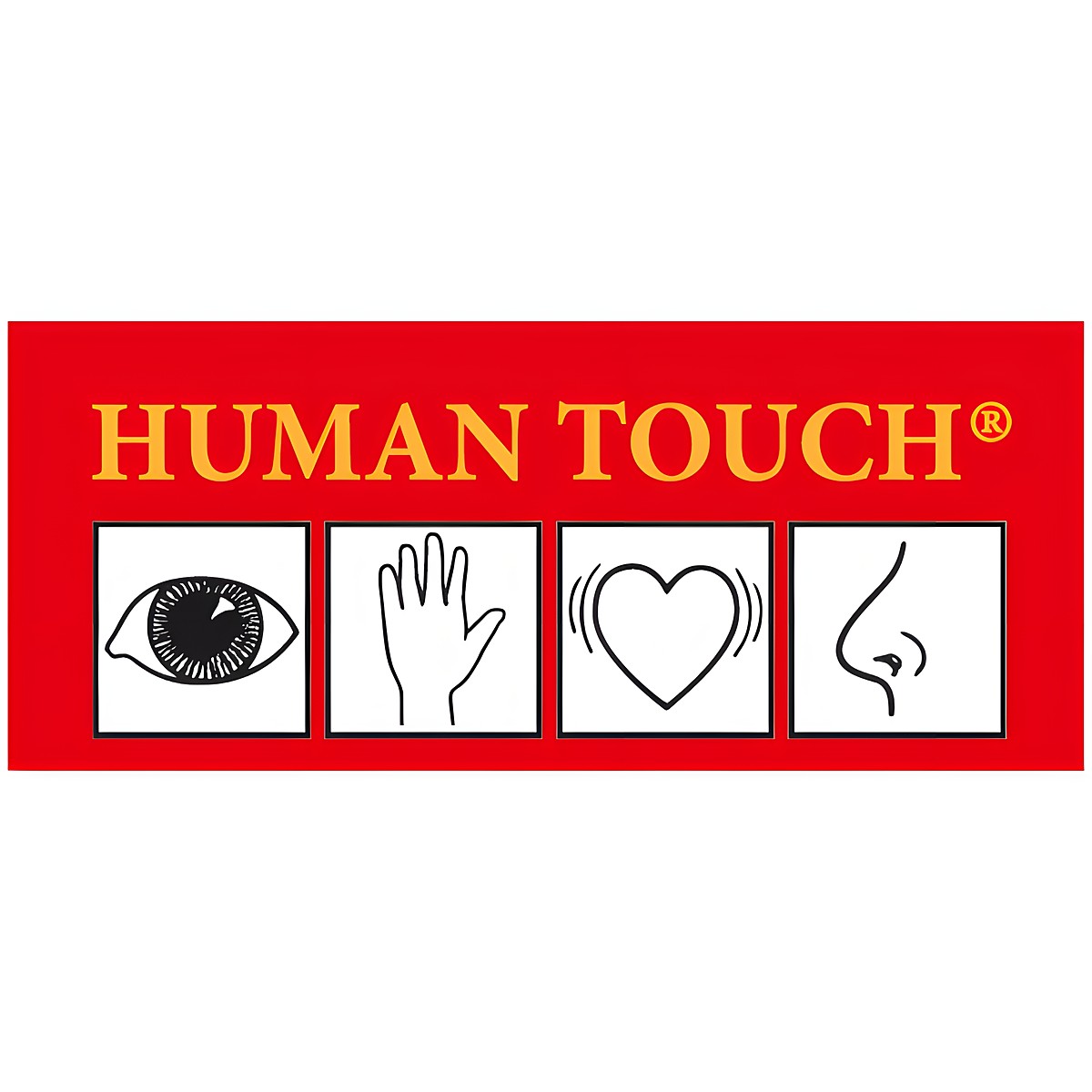 Human-Touch-Logo von Joyk mit Symbolen für Sehen, Fühlen, Herzschlag und Riechen der Empathiepuppen-Serie