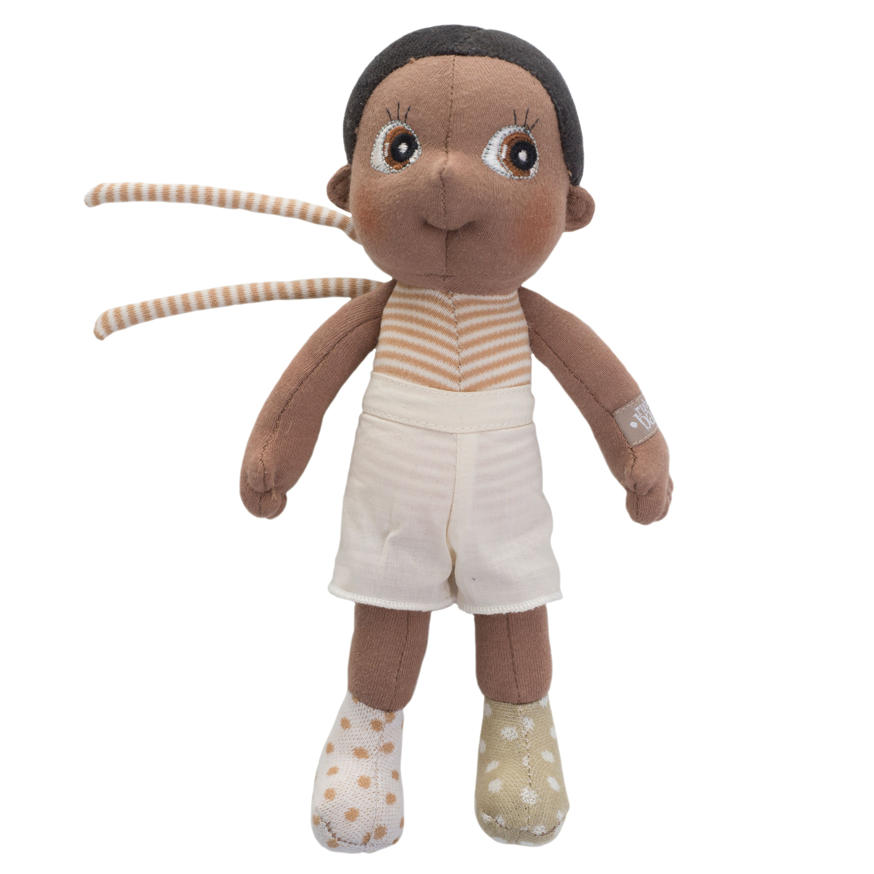 Rubens EcoBuds Mini-Puppe Basil mit gestreiftem Top, weißen Shorts und gemusterten Schühchen
