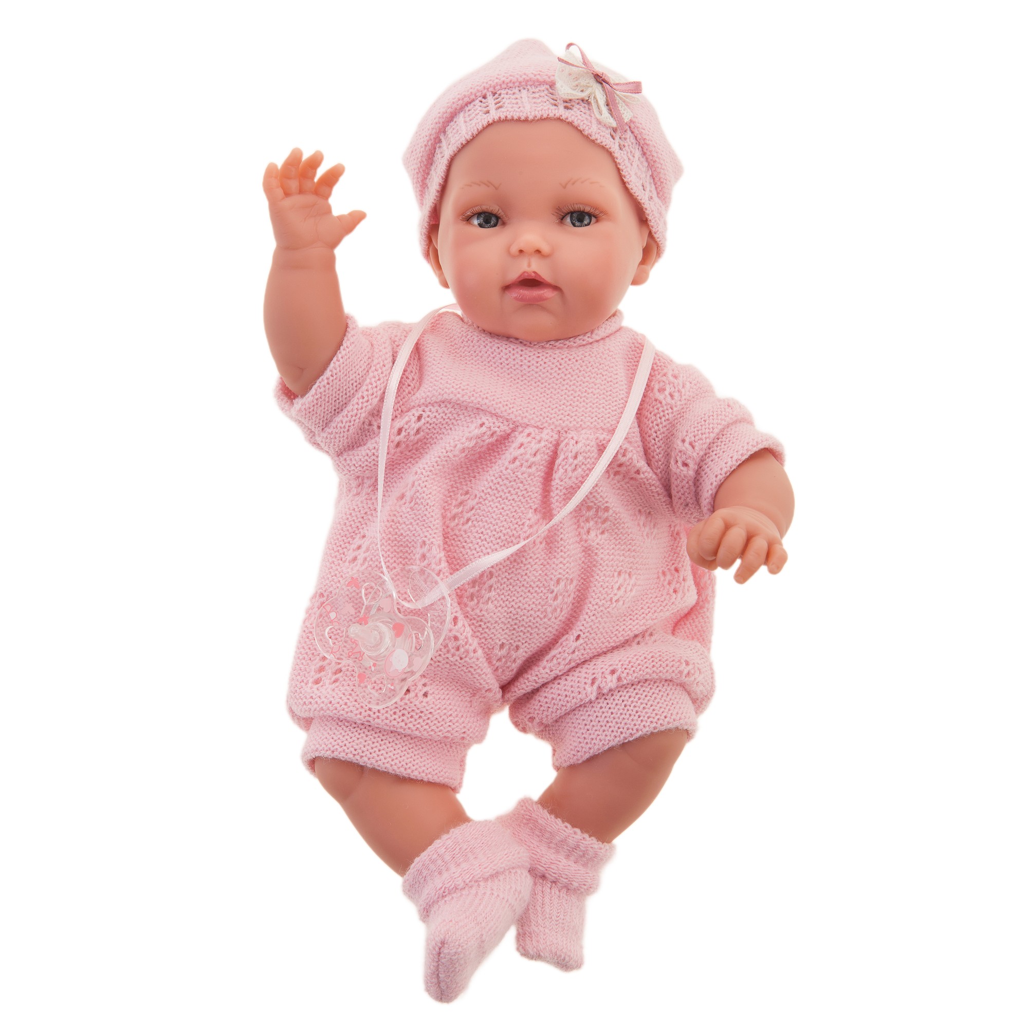 Antonio Juan baby doll Peke, realistic doll in a pink knit outfit with crocheted bonnet and bow, one arm raised, front view