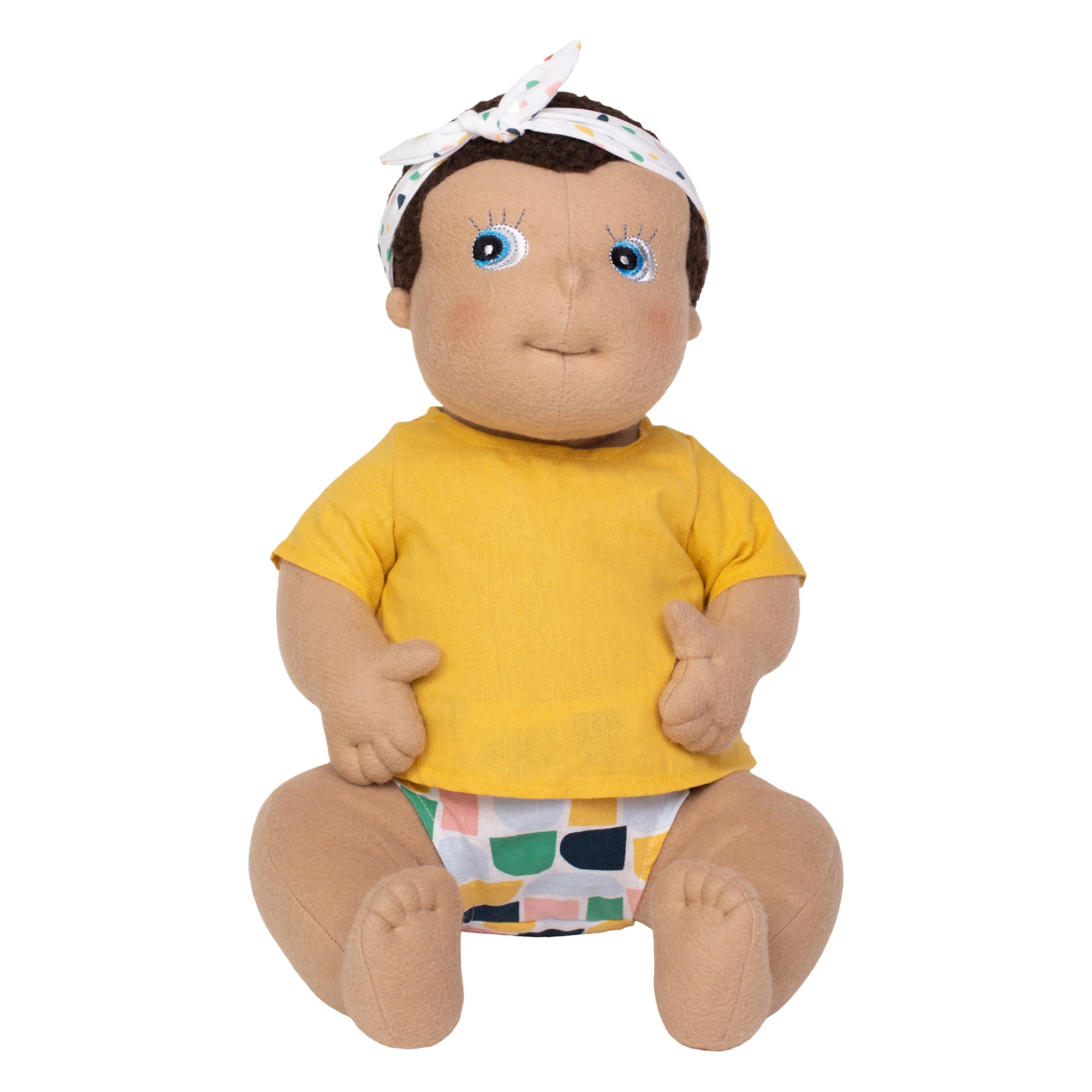 Rubens Barn Baby-Puppe Disa mit gepunktetem Haarband, gelbem Shirt und bunter Windelhose, sitzend