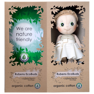 Packaging of the Rubens EcoBuds doll Hazel made of organic cotton in natural cardboard