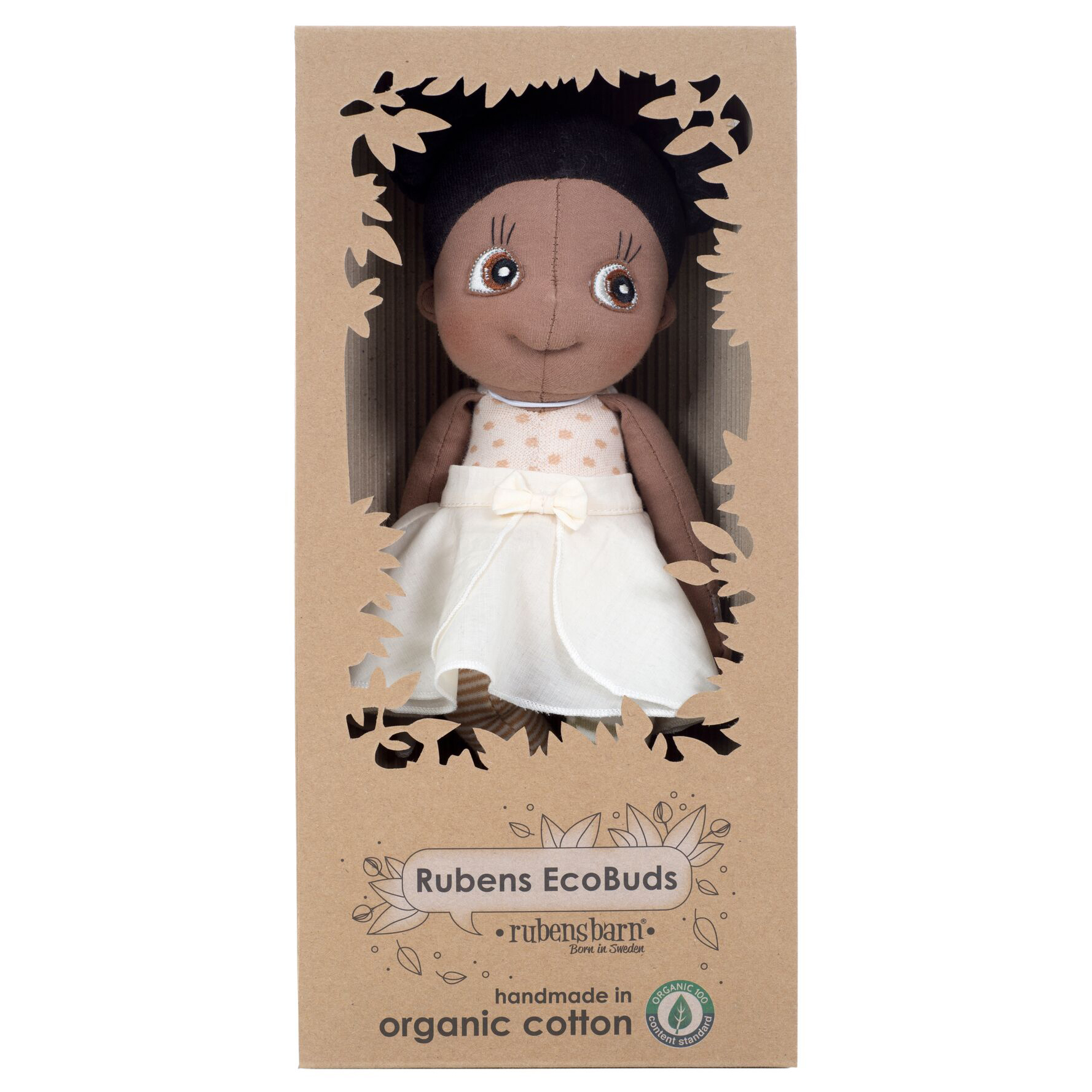 Rubens EcoBuds doll Poppy in the natural cardboard packaging made of organic cotton