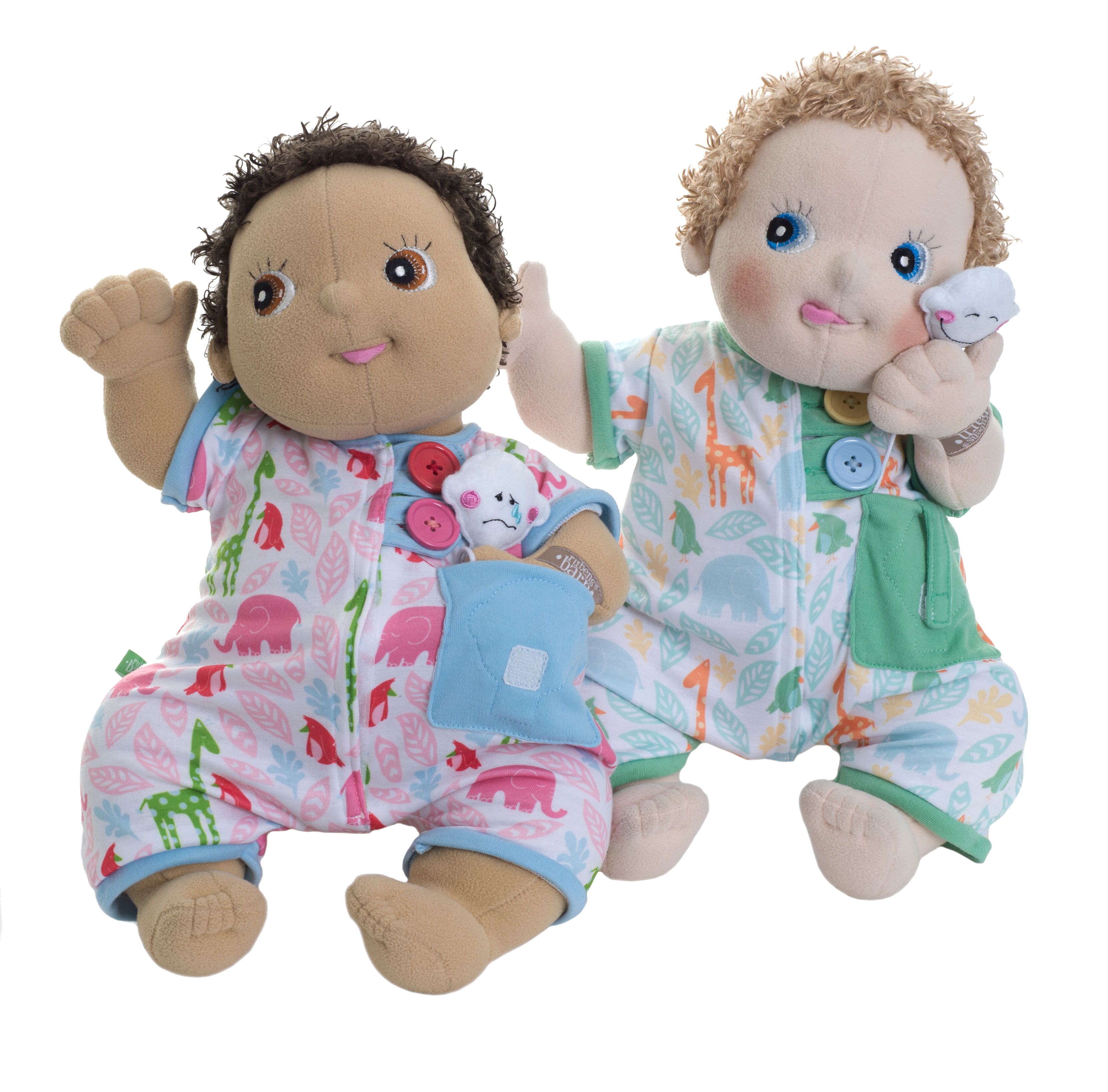Two Rubens Barn dolls in Pocket Friends pyjamas with little pocket animals