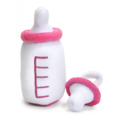Baby bottle and pacifier in pink by Rubens Barn made of soft plush for dolls