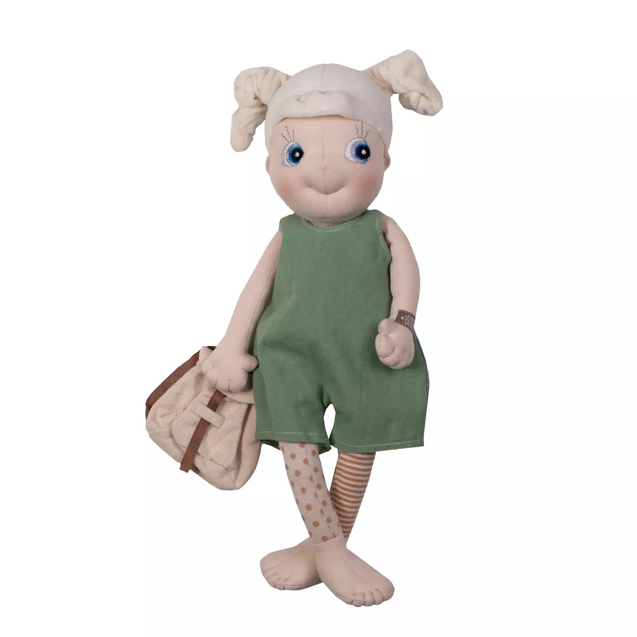 Rubens EcoBuds Puppe im grünen Frühlings-Overall mit Mini-Rucksack in der Hand